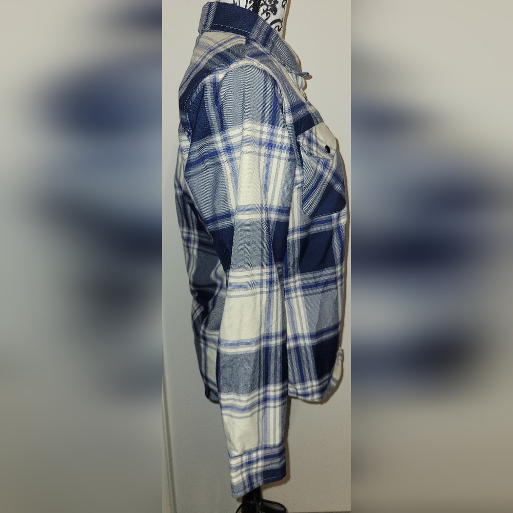 Dixxon Flannel Co Womens Brownells Six Gun Button-Up Shirt Blue/Cream Plaid Med - Picture 4 of 10